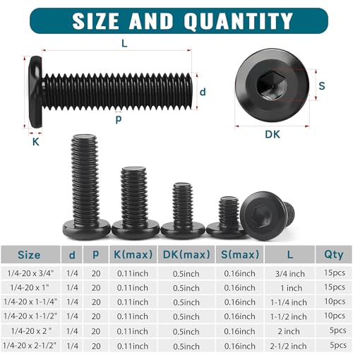 61Pcs 1/4-20 Flat Head Hex Socket Cap Screws Assortment Kit, 1/4-20 x 3/4” 1” 1-1/2” 1-1/4” 2-1/2” 2” Socket Cap Bolts,304 Stainless Steel, Full Thread, Black Oxide with Hex Spanner - size: M6.35