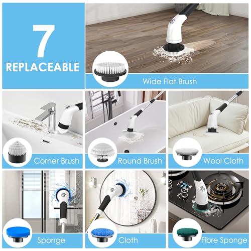 Electric Spin Scrubber, Cordless Cleaning Brush with 180 Min Runtime, 3-Speed, 7 Replaceable Brush Heads & Long Detachable Handle, LCD Display (RPM/Torque/Battery), for Bathroom, Kitchen, Tile
