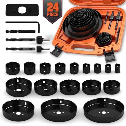HORUSDY Hole Saw Set 24PCS Hole Saw Kit,Hole Saw Drill Bit Kit, 3/4"-6" (19-152mm) 17PCS Saw Blades, 2 Mandrels, 3 Drill Bit, Installation Plate, Hex Key, For Drywall, Soft Wood, Plywood, Plastic, PVC - style: 24-Piece Multi-Size Kit (Up to 6")