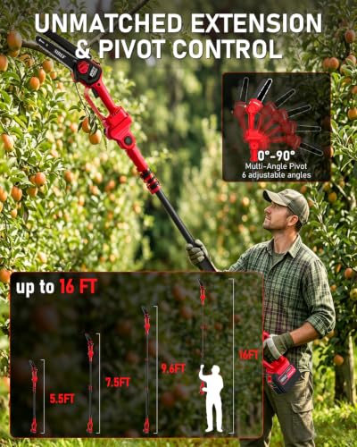 Electric Pole Saw 6“ Mini Chainsaw Cordless Brushless 6.0Ah Batteries Fast Charger Telescopic Power Pole Saw Tree Trimmer Limb Branch Cutter Pruner 16 Ft Max Reach Multi-Angle Red - color: Red-1 Battery
