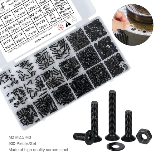 900PCS Flat Head Hex Socket Cap Screws Assortment Kit, Small M2 M2.5 M3 Bolts and Nuts Washers Set, Allen Head Machine Screws, 10.9 Grade Alloy Steel Black, Fully Threaded, Come With Hex Wrench