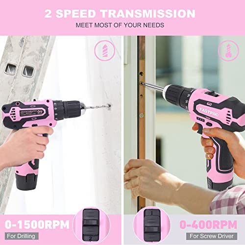 FASTPRO 12V Pink Drill Set for Women, Home Tool Set with Bag - color: Pink