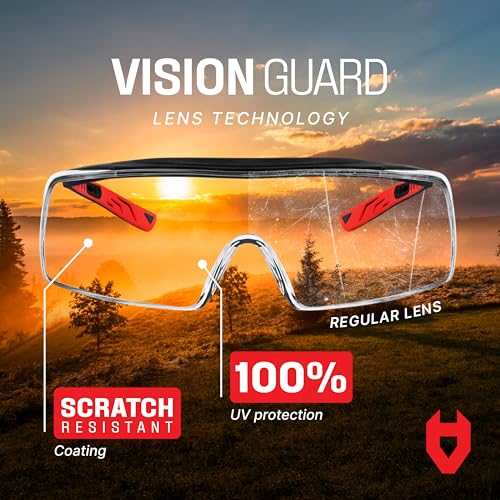NoCry Safety Glasses Over Eyeglasses for Men and Women with Anti Scratch Lenses and Integrated Side Shields — Adjustable Temples with Anti-Slip Tips — 100% UV Protective Eyewear — ANSI Z87 Certified - color: Black & Red