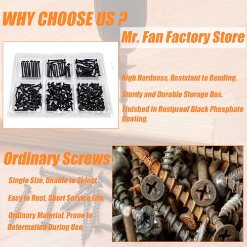 200PCS #6 Wood Screws Assortment Kit, Drywall Screws, Black Wood Screws, Assorted Wood Screws, Flat Head Screws, Screw Assortment, 6 Sizes, (2'', 1-1/2'', 1-1/4'', 1'', 3/4'', 5/8'') - size: #6 200PCS