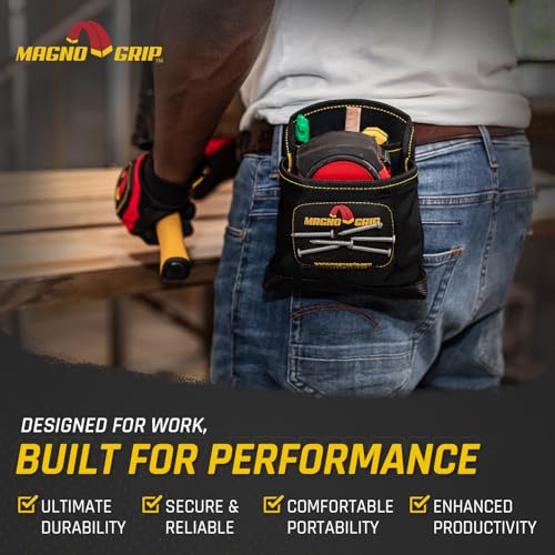 MagnoGrip 3-Pocket Nail Pouch with Integrated Magnetic Storage - Durable 1680D Ballistic Polyester, Magnetic Interior & Exterior, Tool Belt Compatible, Construction Pouch for Carpenters & DIY Projects