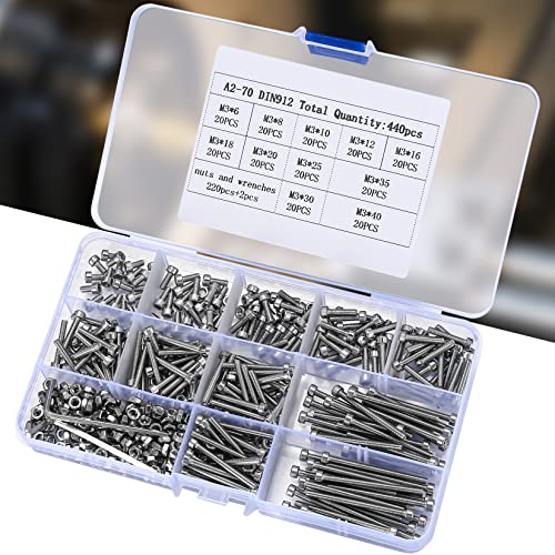 440 Pcs M3 Small Metric Screws with Nuts, Hex Socket Head Cap and Nut Assortment Kits, Stainless Steel Replacement Machine Fastener Screws and Bolts Nuts (440Silver) - color: 440Silver