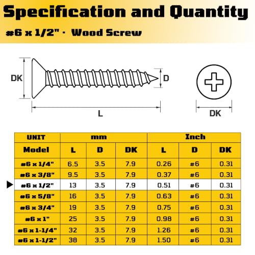 #6 x 1/2 inch Flat Head Wood Screws, 304 Stainless Steel Phillips Drywall Screws and Tapping Screws, High Hardness Screws for Drywall, Sheetrock, Wood (50 Pcs) - size: #6 x 1/2"