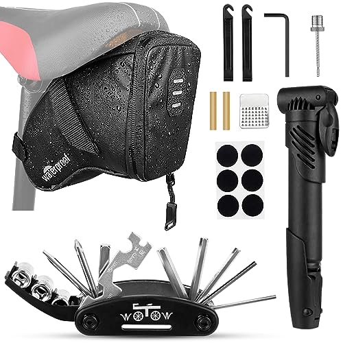 WOTOW Bike Tyre Repair Kits, Waterproof Bicycle Saddle Bag & 120 Psi Mini Pump & Multifunctional Bike Tyre Lever & Self Adhesive Patch Portable Repair Cycling Tool Set for Riding Mountain BMX