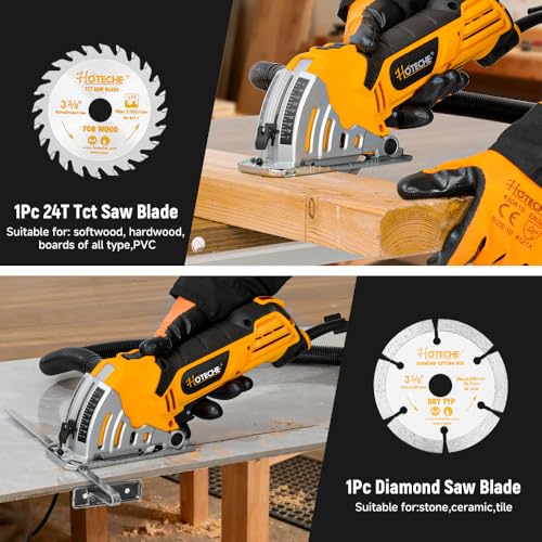 Hoteche 3-3/8-Inch Mini Circular Saw, 500W Compact Electric Circular Saw with 2pcs Blades for Wood, Tile & Soft Metal, Includes Dust Tube, and Parallel Guide - size: 3-3/8-Inch 500W