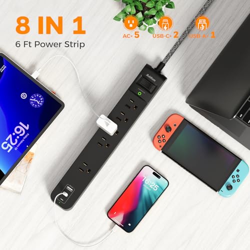 2 Pack Power Strip Surge Protector - 5 Widely Spaced Outlets 3 USB, 6Ft - color: Black & Dark Gray, size: 6 FT