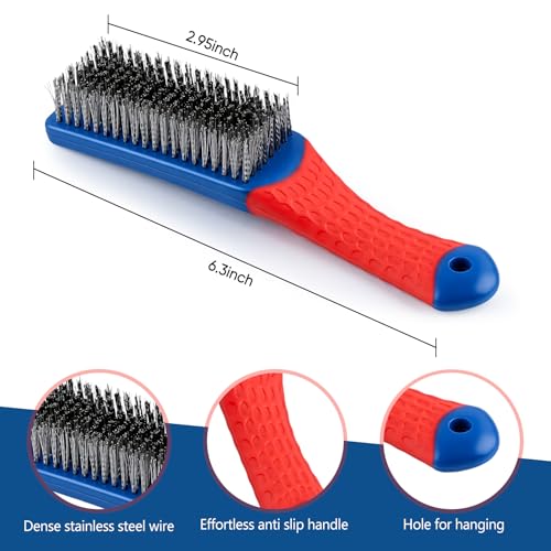5PCS Wire Brush Set – 2 Heavy-Duty Steel Brushes with Rubber Handle & 3 Brass/Nylon/Stainless Steel Bristle Brushes for Rust, Paint & Grill Cleaning