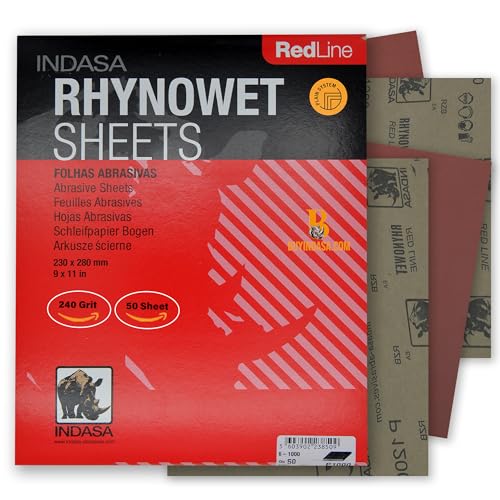 INDASA Rhynowet Red Line Wet Dry Sanding Sheets 9 x 11 Inch 240 Grit Waterproof Latex Backing Abrasive Paper for Wood Metal Automotive Surface Prep Pack of 50 - size: 240-Grit 9"x11"