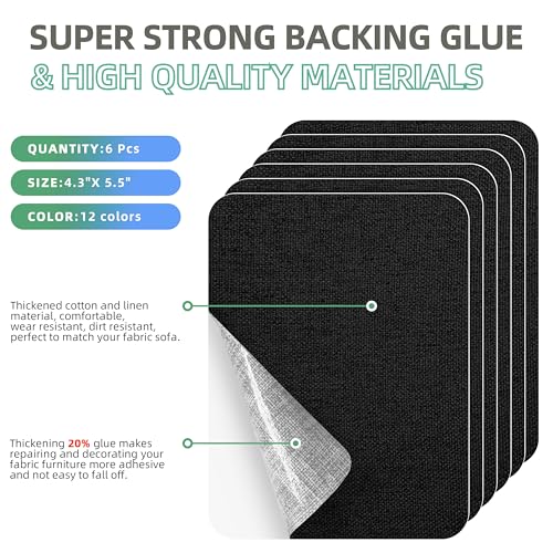 Azobur Coarse Linen Repair Patches, 6 Piece Self-Adhesive Linen Fabric Patches, Multi Color, Can be Used for Linen Sofa Repair and Linen Clothes Repair, Quick Fix Sofa.(Black) - color: Linen - Black