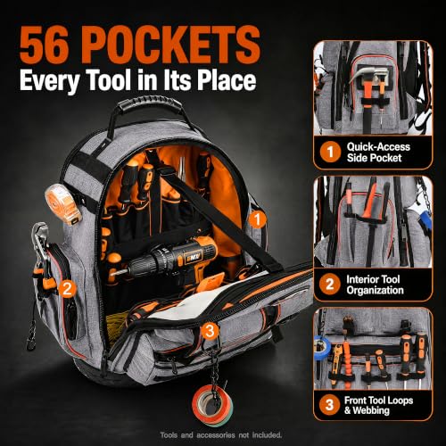 LOKASS Tool Backpack Heavy Duty, 18.5 in, 56 Pockets, Molded Bottom, Gray - color: Gray