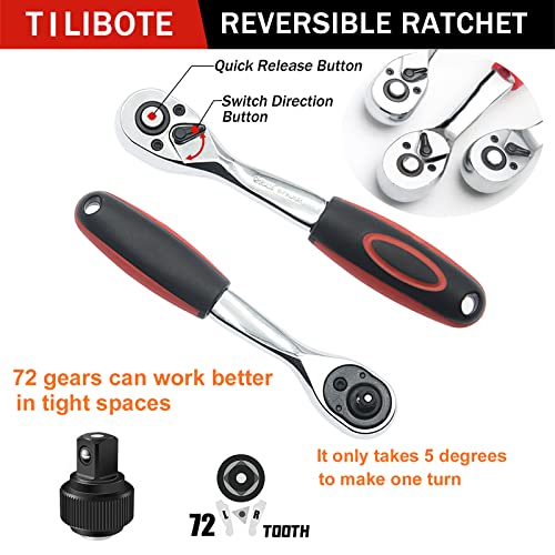 TILIBOTE Socket Wrench Set, 53PCS 1/4 Inch Ratcheting Wrench Set And Extension Bar Gimbal Slide Bar Extension Sockets, Set For Automotive Repair And Home Use. - size: 1/4"