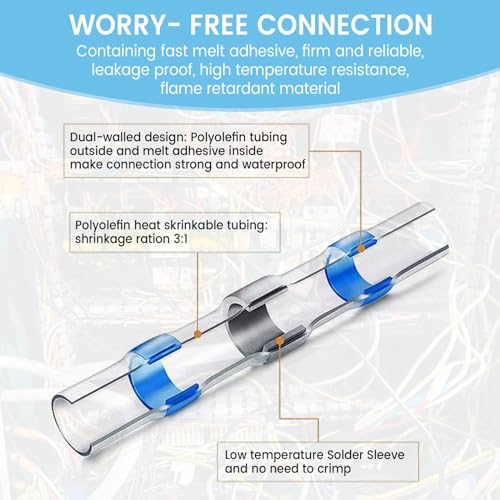 130 PCS Blue Heat Shrink Butt Connectors,16-14 AWG, Self Soldering Butt Connector, Waterproof Solder Seal Wire Connectors, Butt Splice Wire Terminals for Automotive Marine Boat - size: AWG 16-14 (Qty: 130)
