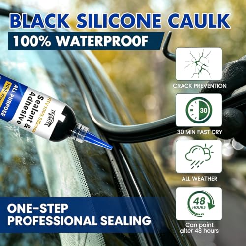 RTV Silicone Sealant Adhesive, 100% Waterproof & Flexible Caulk with Finishing Tool, Shrink & Crack Proof, Strong Bonding for Auto, Kitchen, Bathroom, Window, Door Repair (1.4oz)