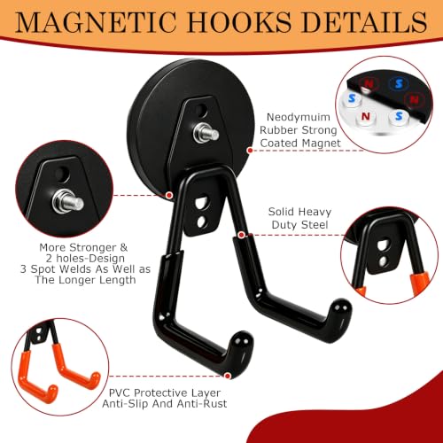 4 Pack Strong Magnet Hooks Heavy Duty, Rubber Coated No Damage Hook for Garage Storage, Dual Hook Design, Large Magnetic Hangers for Tools, Garden, Workshop (Orange2pcs + Black2pcs)