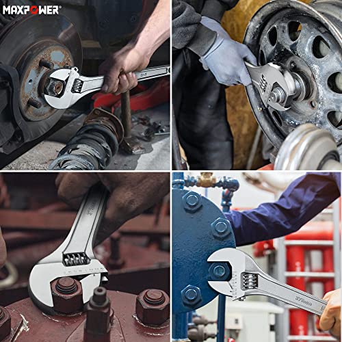 MAXPOWER 15" Adjustable Wrench, 1-3/4" Jaw Opening, Tapered Handle | Adjustable Spanner with SAE/Metric Scales, Polished Finish, and Comfort Grip – Perfect for Plumbing, Nuts, and Pipes - size: 15"