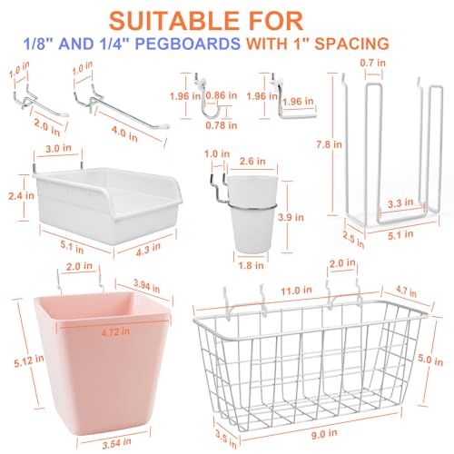 Pegboard Organizer Set 42Pack Peg Board Baskets Hooks Bins Cups(White Pink) - color: White & Pink