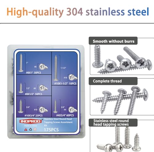 #4# 8#10 Stainless Steel Wood Screws Assortment Kit 175Pcs, Phillips Round Head, 18-8 (304) Stainless Steel, Assorted Sheet Metal Screws, Self Tapping, 4 Sizes (1/2", 3/4", 1", 1-1/2") - size: #4 #8 #10 Kit