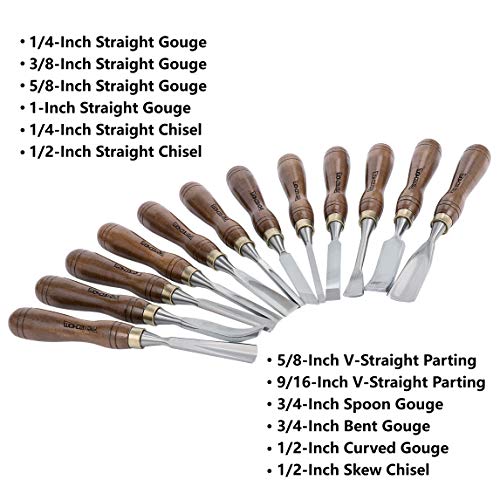 12-Piece Wood Carving Chisel Tools Set, Sharp CR-V Steel Blades - size: 12-Piece Carving Chisel