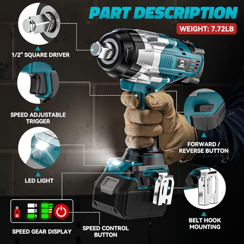 Cerycose Cordless Impact Wrench 1/2 inch Compatible with Makita 18V Battery: 1700FT-LBS High Torque Impact Wrench Heavy Duty Tool - Brushless Electric Impact Gun Includes LED Work Light with 6 Sockets - size: 1/2inch, style: Fit for Makita（include 6 Socke