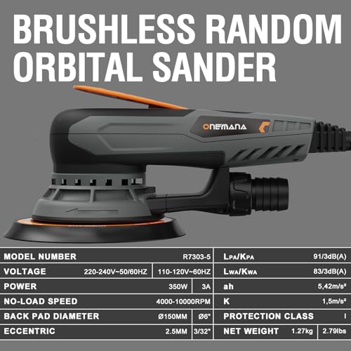 2.5mm Random Orbital Sander, 350W Brushless Motor Electric Palm Sander for Woodworking, 6 Variable Speeds to 10000RPM, Multi-function Sander with 6Inch Backing Plate, 10 Sanding Papers