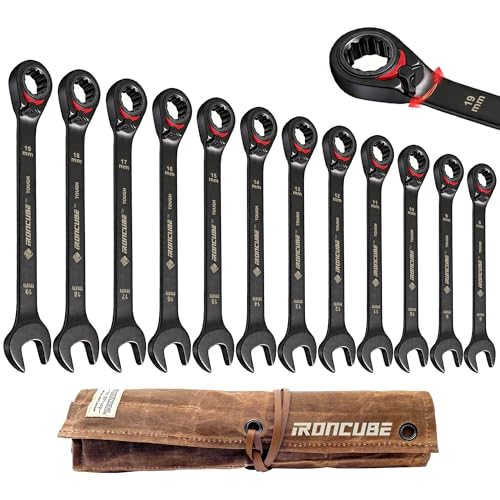 ironcube Reversible Ratcheting Wrench Set: 12-Piece Metric 8-19mm - Tough Black - Wax Canvas Storage Bag - Automotive and Motorcycle Repair Tools - size: 12-Piece Metric Reversible