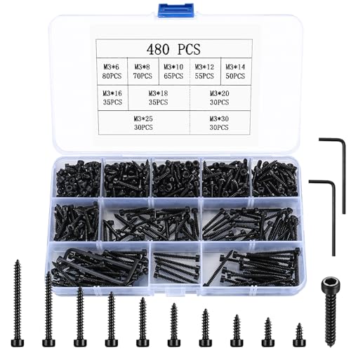 Metric Hex Socket Cap Head Self Tapping Screws, 480pcs M3 Stainless Steel Socket Head Cap Wood Screws Assortment Kit, Hex Drive Head Cap Self Drilling Screws(480 Black) - color: 480 Black