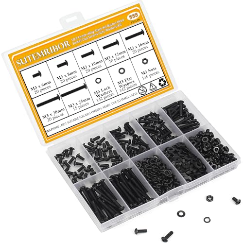 555 Pieces M3 Screws Nuts Washers Set Black, Sutemribor M3 x 6/8/10/12/16/20/25mm Button Head Socket Cap Screws Nuts Washers Assortment Kit, 10.9 Grade Alloy Steel, Fully Threaded - size: M3 x 6-25mm, style: Button Head