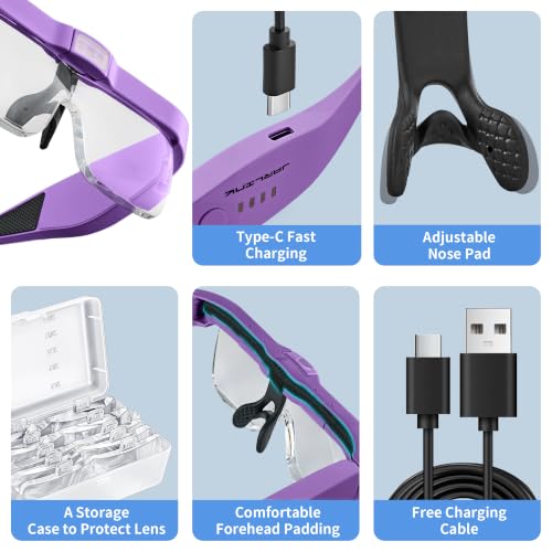 JARLINK Magnifying Glass with Light, 5 Lenses, Rechargeable Headset - color: Purple
