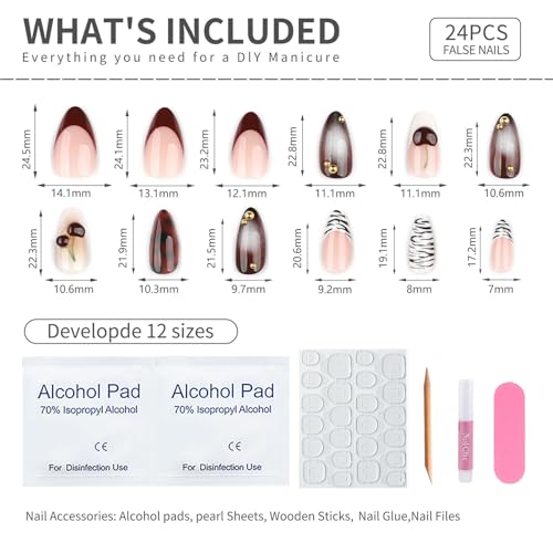 Mivota Medium Almond Press On Nails Leopard Cherry Zebra Design, Brown Nude Glossy Reusable Acrylic Look False Nails, Trendy Stylish Long-Lasting Fake Nail Set for Women 24PCS - color: 3D-65 Red White French Cherry