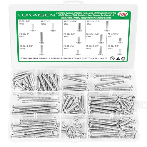 108 Pcs #8-32 Phillips Pan Head Machine Screws Kit, 304 SS | For Electrical Outlet, Switch Plate, Junction Box, Furniture Repair, 12 Sizes (1/4" To 2"), Clear Label Storage Box,Anti-Rust - size: SS 108Pcs #8-32（1/4" to 2" ） Pan