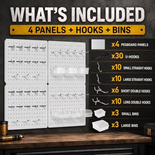 Pegboard Organizer Kit, 4 Pack 12 x 16 in Metal Panels with 6 Bins, White - color: White, size: 16"x12"- 4 Pcs