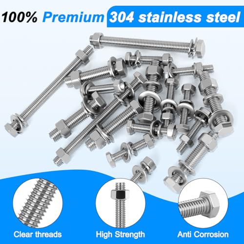 (4sets) 3/8-16x4 Hex Head Assorted Bolts, Nuts, Flat & Lock Washers, 304 Stainless Steel Hex Screws Nuts and Bolts Assortment Kit,Fully Threaded - size: 3/8-16x4