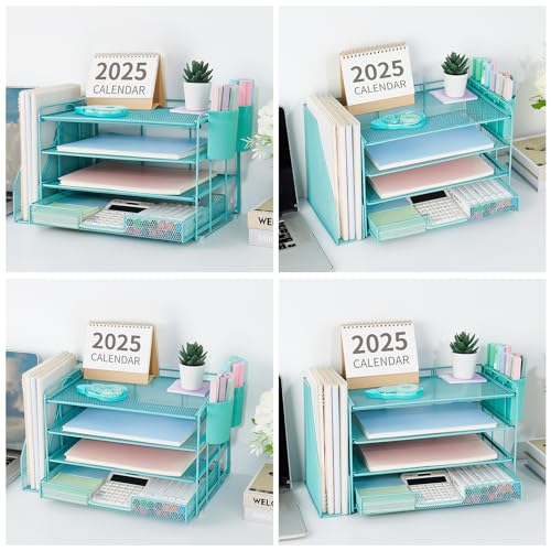 OPNICE Desk Organizer, 4-Tier Desktop File Organizer with Drawer and Pen Holders, Office Desk Accessories, File Sorters, Workspace Organizers for Office Supplies(Teal Blue) - color: Teal Blue, size: 4T