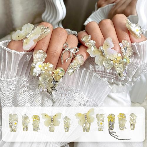 3D Press on Nails Almond - Long Square Fake Nails with Embossed Flower&Butterfly Designs, Glossy Finish Reusable False Nails for Women Manicure(3D Embossed design 22） - color: 3D Embossed design 22