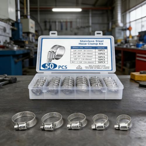 50-Piece Stainless Steel Hose Clamp Assortment Kit, T-Bolt Worm Gear Clamps, 1/4" to 1-1/8" Inch Size Range, for Fuel Oil Air Water Lines, Silver