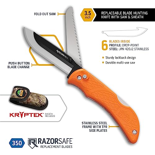 OUTDOOR EDGE RazorPro S - RazorSafe Replaceable Blade 3.5" Folding Knife with Saw and Camo Nylon Sheath (Orange, 6 Blades) - style: RazorPro (Saw)