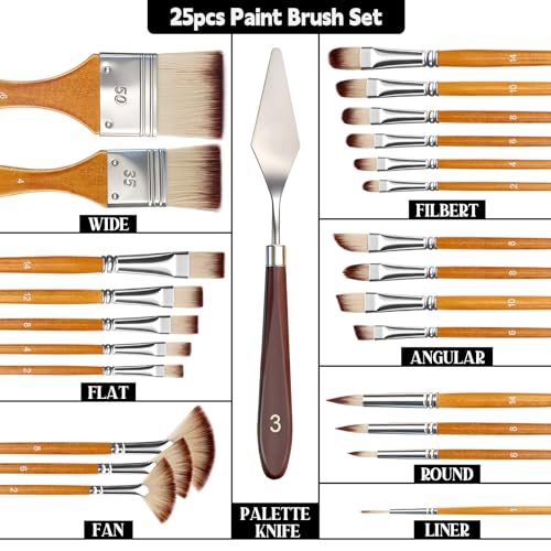 Halobios 25pcs Paint Brush Set, Professional Paint Brushes with Canvas Roll and Palette Knife, Acrylic Paintbrush Kit for Artist,Watercolor,Oil,Gouache