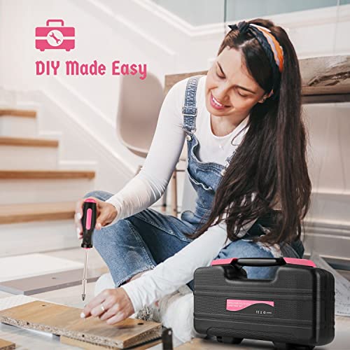 Flexzion 39 Piece Hand Tool Kits with Case - Compact Tool Kit for Handyman, Homeowners DIY - Household Tool Kit for Home with Portable Basic Tool Set Case, Pink - color: Pink & Black