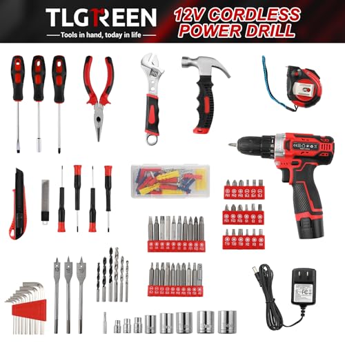 TLGREEN 138-Piece Tool Drill Set with Bits and Case, 12V, Red - color: Red