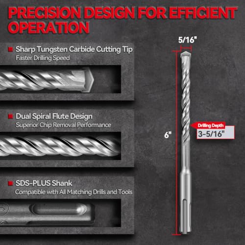 SALI SDS Plus Rotary Hammer Drill Bit Set,5/16" x 6", 10-Pack, Carbide-Tipped Masonry Bits for Concrete, Brick & Stone with Storage Case - size: 5/16"*6"