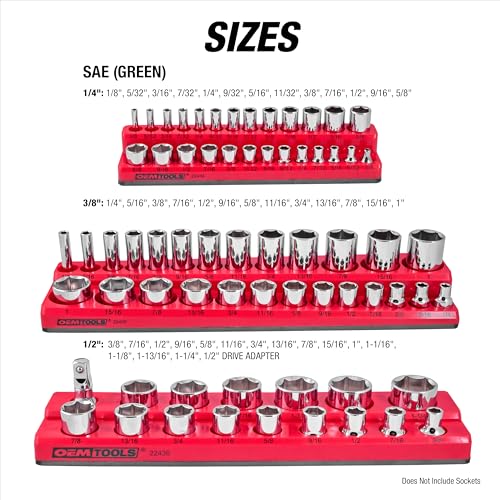 OEMTOOLS 22460 6-Pc Metric & SAE Magnetic Socket Tray Set Holds 143 Sockets | Magnetic Socket Organizer Tray, Non-Marring Rubberized Base, Clearly Marked Sizes, 1/4, 3/8, 1/2 Inch Sockets - style: 6Pc Red & Black