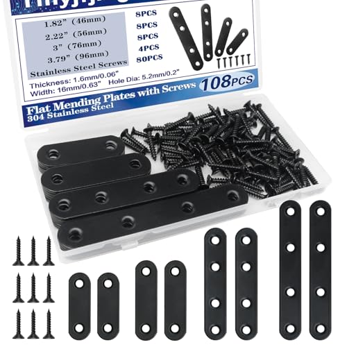 108PCS 4Sizes Flat Metal Brace Brackets Mending Plates for Wood Stainless Steel Bracket Plate with Holes (46mm/56mm/76mm/96mm) YY001-B - color: Black, size: Flat style
