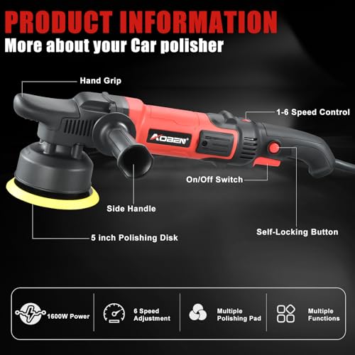 AOBEN Buffer Polisher,5 inch Dual Action Polisher,Long Orbit 16mm Random Buffer Polisher kit with 6 Variable Speed 1000-5500rpm,Detachable Handle,7 Buffing Pads for Car Detailing Polishing and Waxing - size: AT3501-C02
