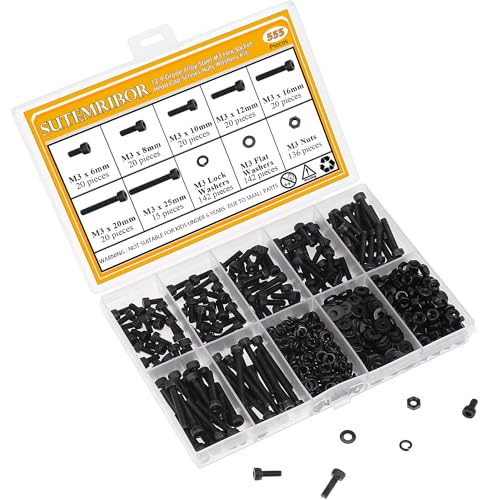 555 Pieces M3 Screws Nuts Washers Set Black, Sutemribor M3 x 6/8/10/12/16/20/25mm Hex Socket Head Cap Screws Nuts Washers Assortment Kit, 12.9 Grade Alloy Steel, Fully Threaded - size: M3 x 6-25mm, style: Socket Head