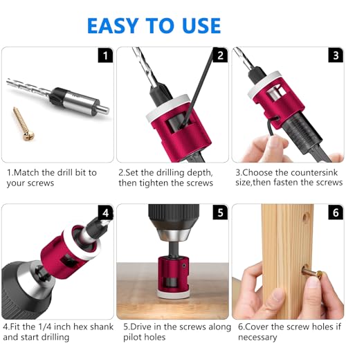 BURMONG 5-Piece Countersink Drill Bit Set with Adjustable Depth Stop, 1/4" Hex Shank Quick Change Drilling Tool Kit, 82° Woodworking Chamfer Bits for Wood, Plywood, MDF, Plastic - style: With Adjustable Depth Stop