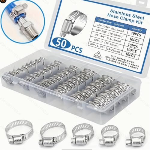 50-Piece Stainless Steel Hose Clamp Assortment Kit, T-Bolt Worm Gear Clamps, 1/4" to 1-1/8" Inch Size Range, for Fuel Oil Air Water Lines, Silver